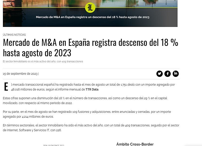 Mercado de M&A en Espaa registra descenso del 18 % hasta agosto de 2023